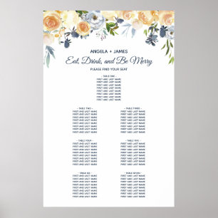 Póster Gráfico de Asientos de Boda Floral Coral Azul Mari