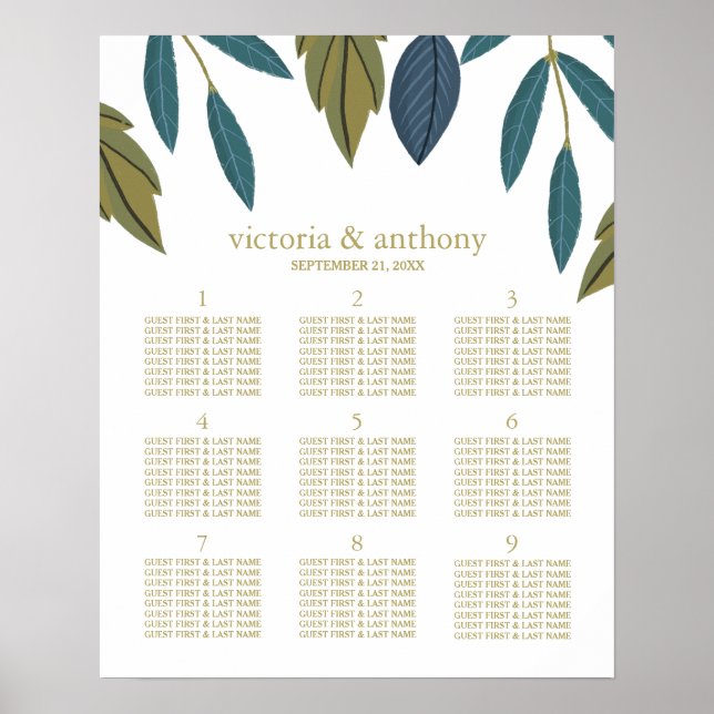 Póster Gráfico de asientos de Boda floral de hoja rústica (Frente)