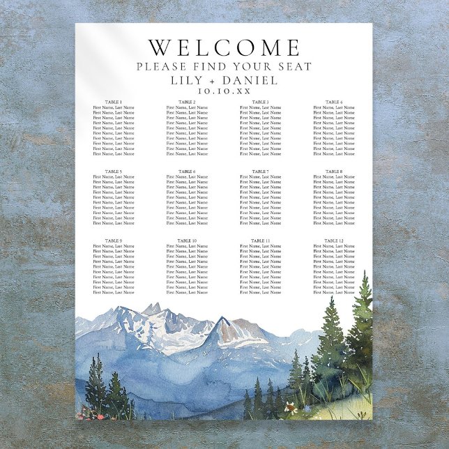 Póster Gráfico de Asientos de Boda Floral de Montaña en A (Watercolor Mountain Floral Wedding Seating Chart)