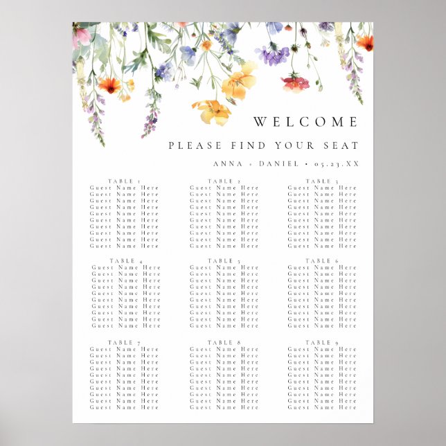 Póster Gráfico de Asientos de Boda Floral de Primavera Co (Frente)