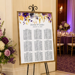 Póster Gráfico de Asientos de Boda Floral Dorado Púrpura