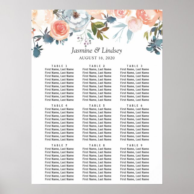 Póster Gráfico de Asientos de Boda Floral Otoñal Rústico (Frente)