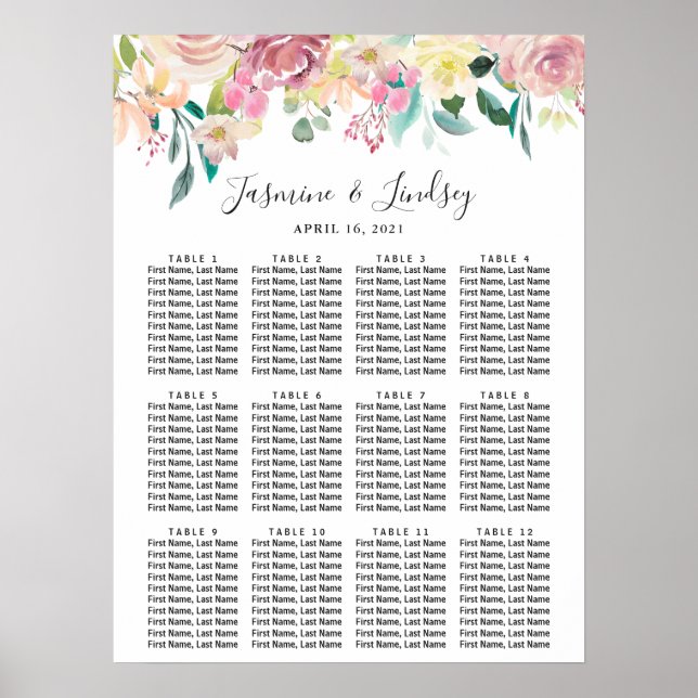 Póster Gráfico de Asientos de Boda Floral Pastel (Frente)