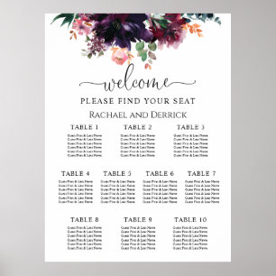 Póster Gráfico de Asientos de Boda Floral Profundo Lujoso