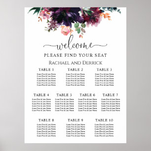 Póster Gráfico de Asientos de Boda Floral Profundo Lujoso