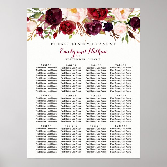 Póster Gráfico de Asientos de Boda Floral Rojo Burdeos (Frente)