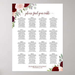 Póster Gráfico de Asientos de Boda Floral Rojo y Rosa de 
