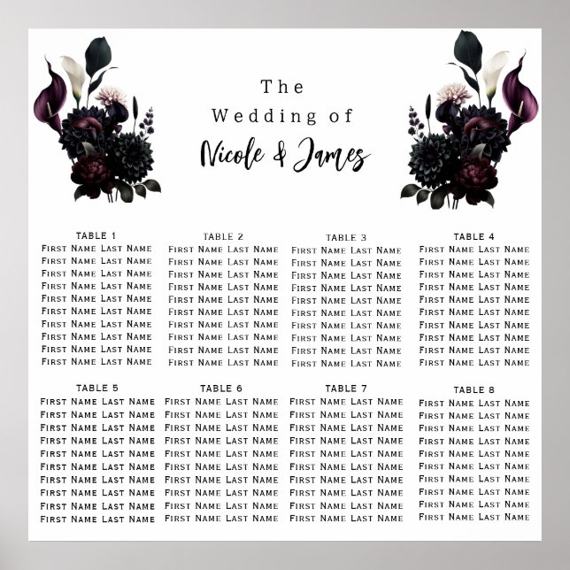 Póster Gráfico de Asientos de Boda Floral Romántico Oscur (Frente)