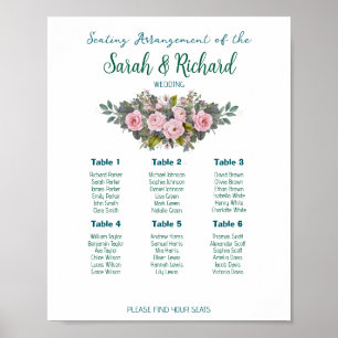 Póster Gráfico de Asientos de Boda Floral Rosa Brillante