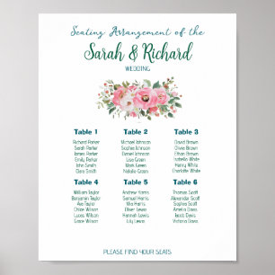 Póster Gráfico de Asientos de Boda Floral Rosa Brillante