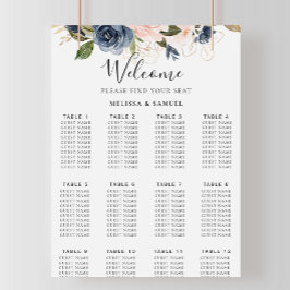 Póster Gráfico de asientos de Boda floral rosa rosa azul