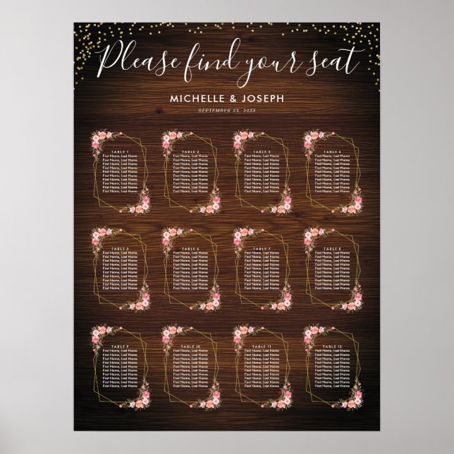 Póster Gráfico de asientos de Boda floral rosado de oro d (Frente)