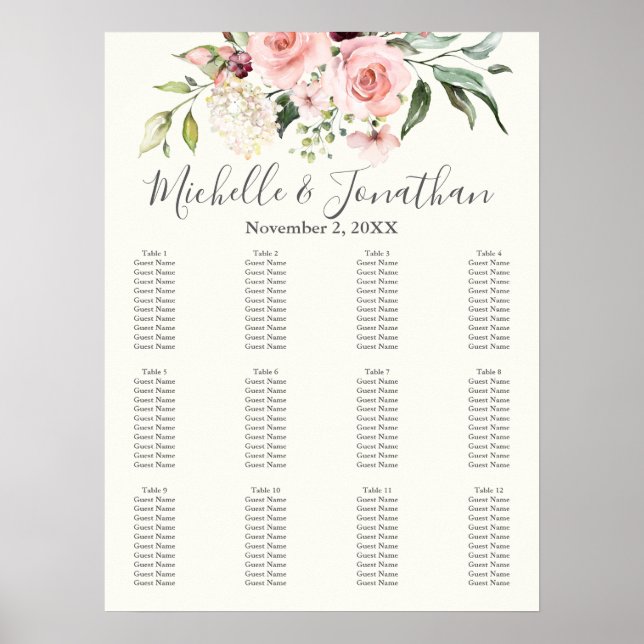 Póster Gráfico de Asientos de Boda Floral Rosado – Plan d (Frente)