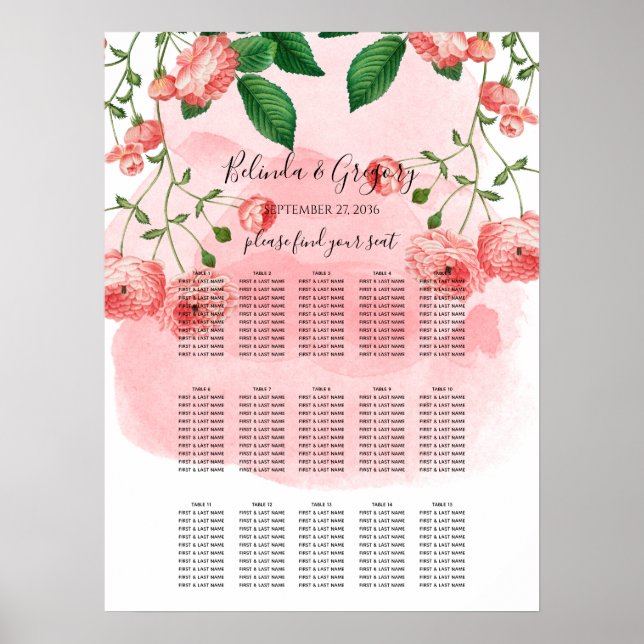 Póster Gráfico de asientos de Boda floral rosado Rosa Vin (Frente)