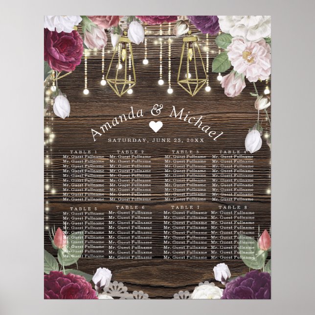 Póster Gráfico de asientos de Boda floral rústico (Frente)