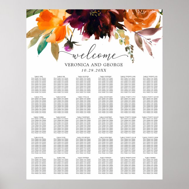 Póster Gráfico de Asientos de Boda Floral Rústico de Otoñ (Frente)