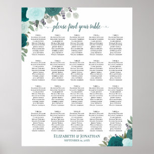 Póster Gráfico de Asientos de Boda Floral Turquesa Elegan