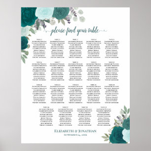 Póster Gráfico de Asientos de Boda Floral Verde Azul y Ac