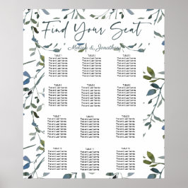 Póster Gráfico de Asientos de Boda Floral Verde Plateado