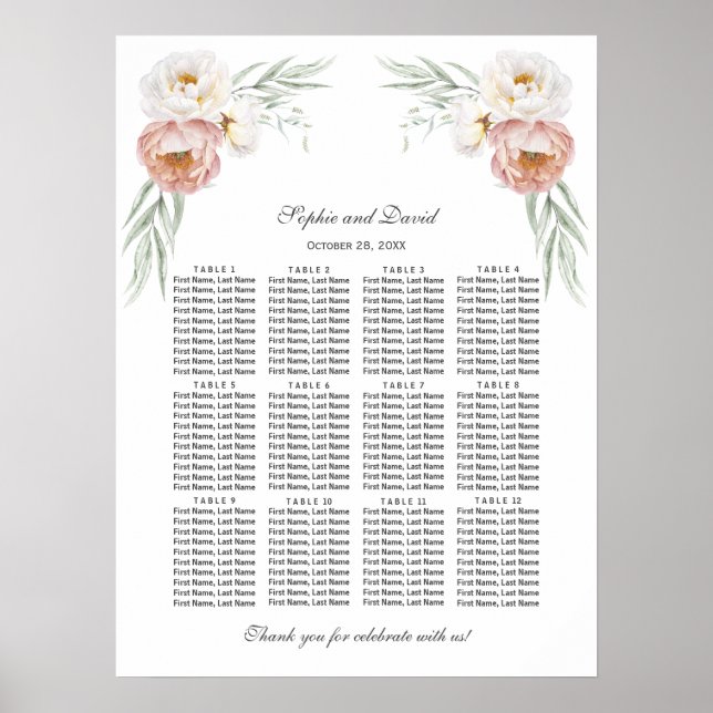 Póster Gráfico de Asientos de Boda Flores Dusty Rose Enca (Frente)