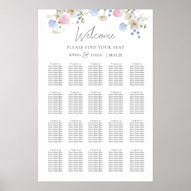 Póster Gráfico de Asientos de Boda Flores Silvestres Purp (Frente)