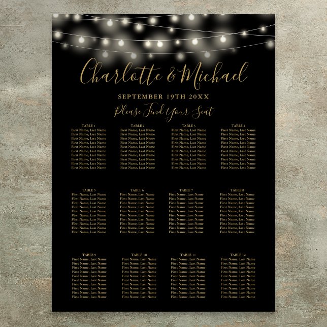 Póster Gráfico de Asientos de Boda Luces de Cadena Negras (Black And Gold String Lights Wedding Seating Chart)