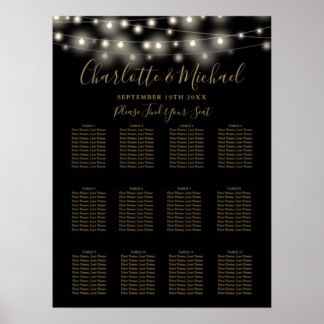 Póster Gráfico de Asientos de Boda Luces de Cadena Negras (Frente)