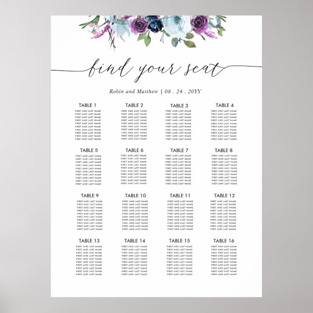Póster Gráfico de Asientos de Boda Morado y Azul Chic (Frente)