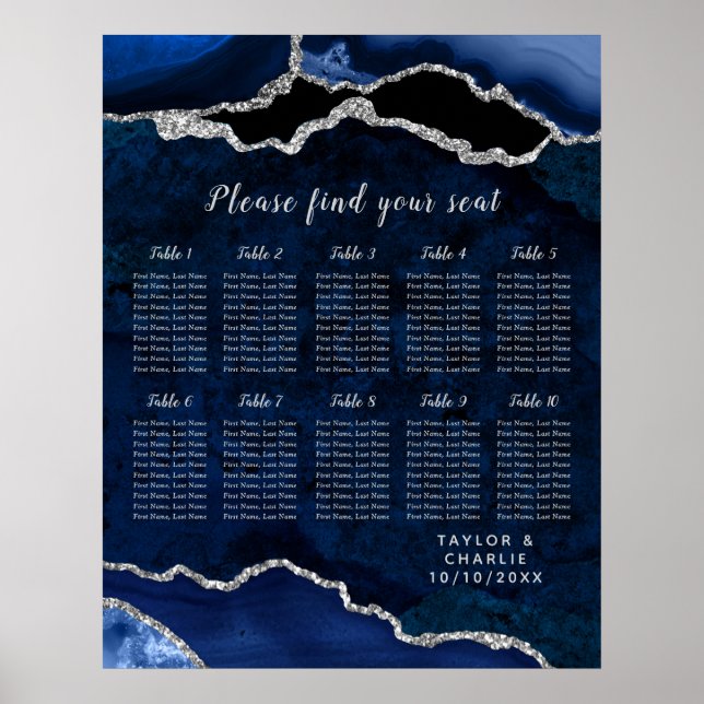 Póster Gráfico de Asientos de Boda Navy Silver Agate 10 M (Frente)