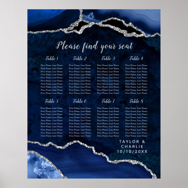 Póster Gráfico de Asientos de Boda Navy Silver Agate 8 Me (Frente)