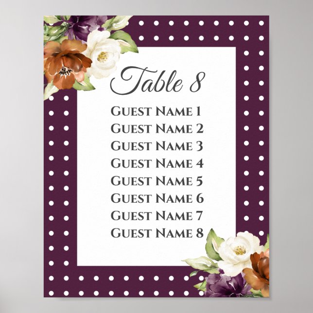 Póster Gráfico de Asientos de Boda Otoñal con Flores Purp (Frente)