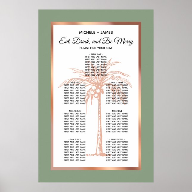 Póster Gráfico de Asientos de Boda Palma Tropical Rosa Do (Frente)