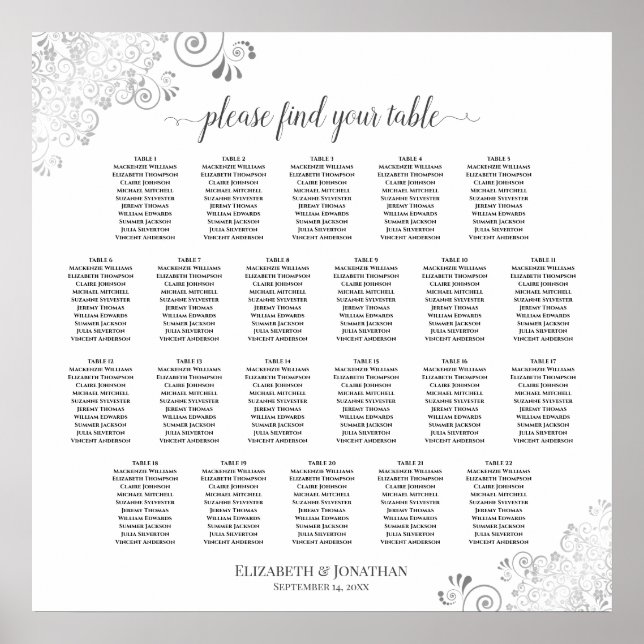 Póster Gráfico de Asientos de Boda Plateado Blanco con En (Frente)