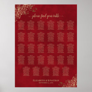 Póster Gráfico de Asientos de Boda Rojo y Dorado Elegante