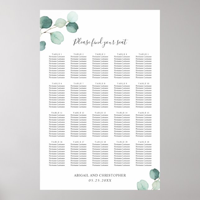 Póster Gráfico de Asientos de Boda Rústica con Verde de E (Frente)