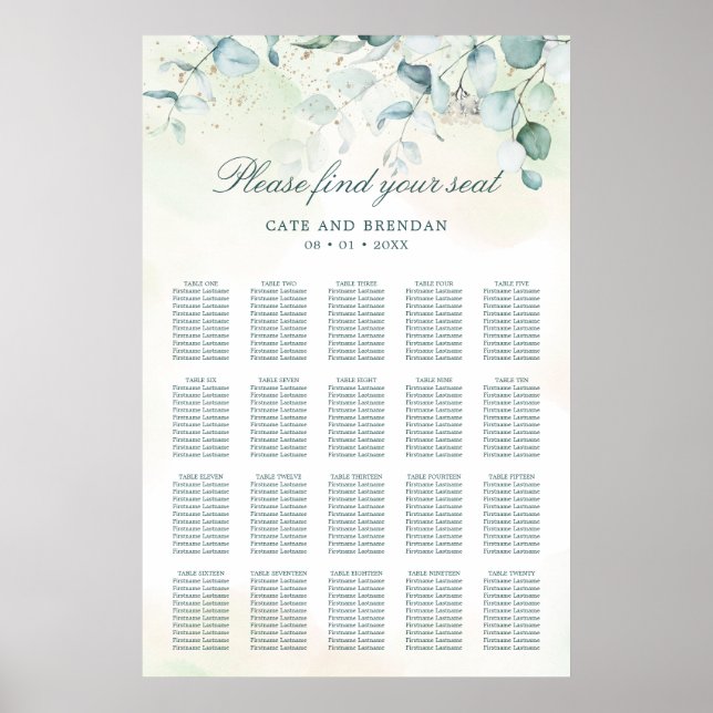 Póster Gráfico de Asientos de Boda Rústica con Verde de E (Frente)