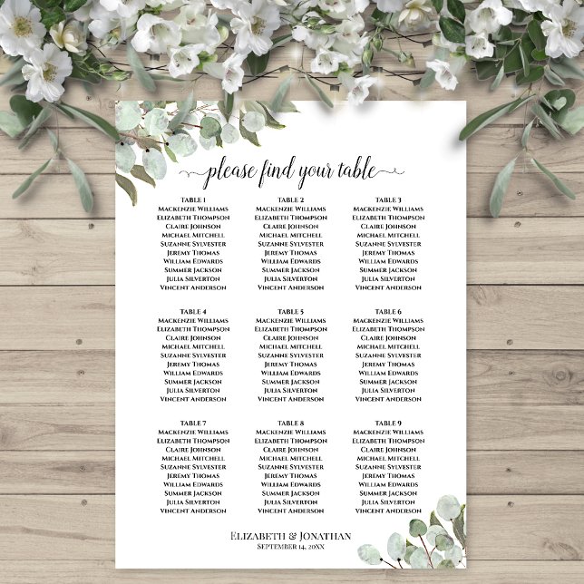 Póster Gráfico de Asientos de Boda Rústico de Eucalipto d (In Situ on Wall with Flowers)