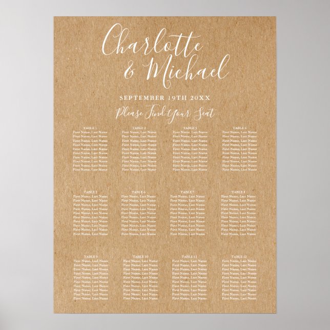 Póster Gráfico de Asientos de Boda Rústico Elegante (Frente)