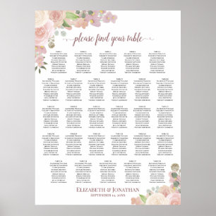 Póster Gráfico de Asientos de Boda Rústico Floral Rosa de