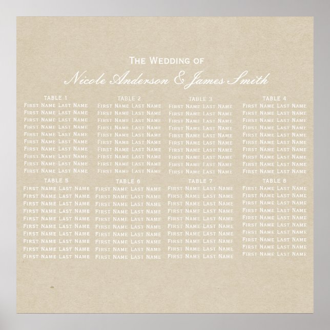 Póster Gráfico de Asientos de Boda Rústico Moderno Kraft  (Frente)