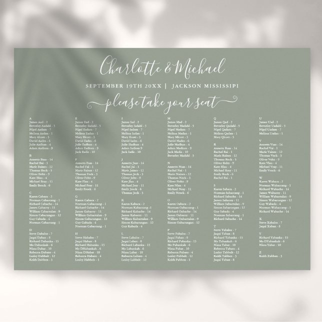 Póster Gráfico de Asientos de Boda Sage Green 200 Nombres (Sage Green 200 Names Wedding Seating Chart)