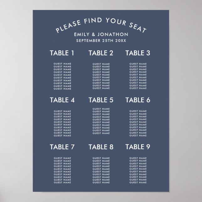 Póster Gráfico de Asientos de Boda Simple Azul Marino Pol (Frente)