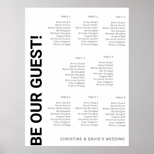 Póster gráfico de asientos de boda Simple Blanco de 8 mes (Frente)