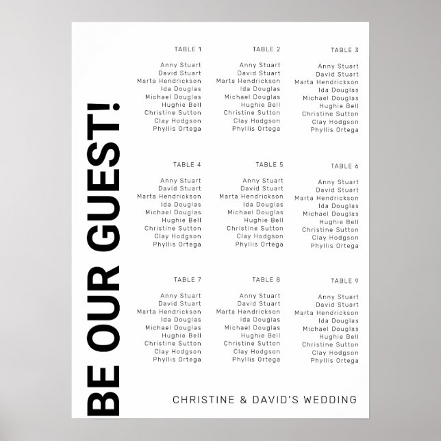 Póster Gráfico de asientos de boda Simple Blanco de 9 mes (Frente)