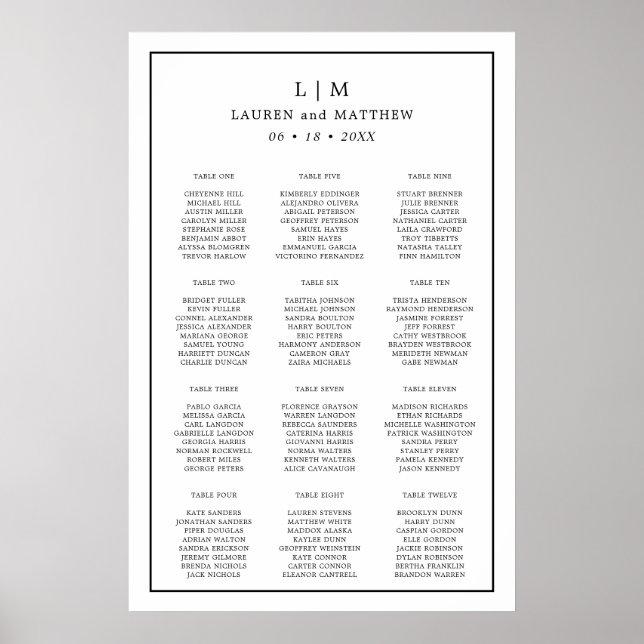 Póster Gráfico de Asientos de Boda Simple en Blanco y Neg (Frente)