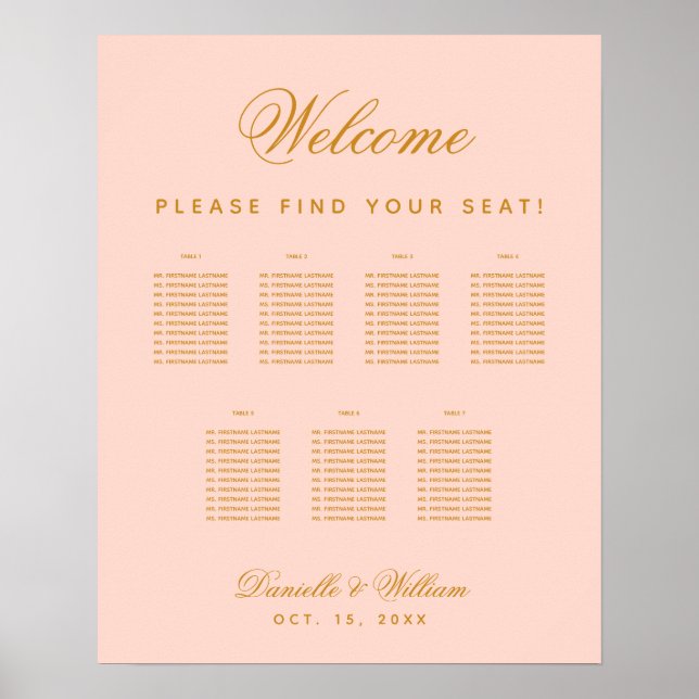 Póster Gráfico de asientos de boda simple rosa sonrojado  (Frente)