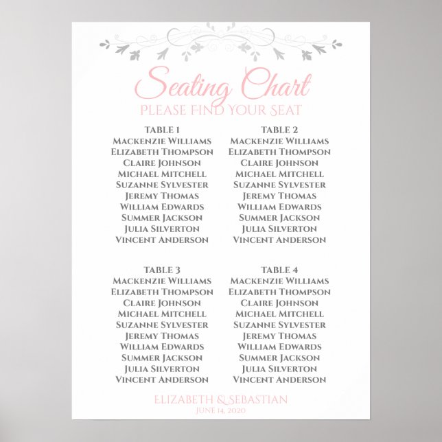 Póster Gráfico de Asientos de Boda Simple Rosa y Gris par (Frente)