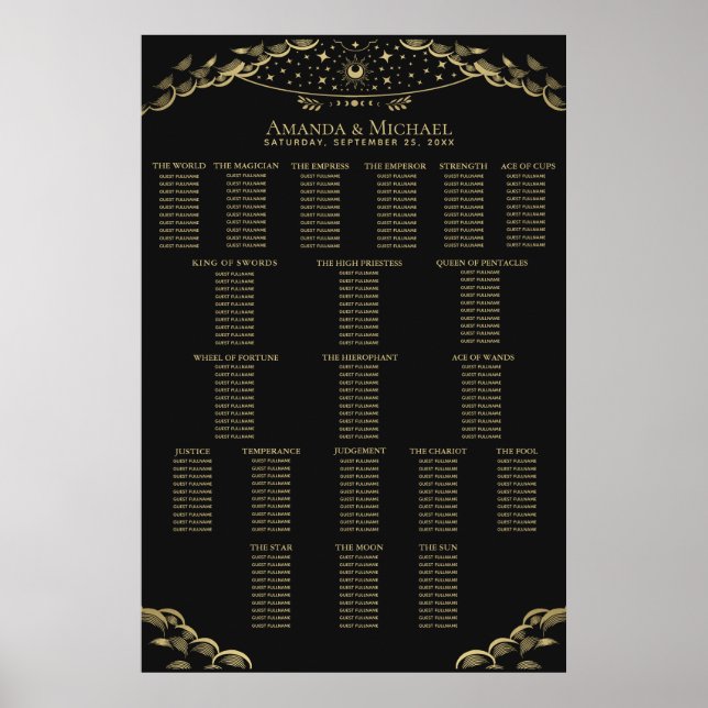 Póster Gráfico de Asientos de Boda Tarot Místico Elegante (Frente)
