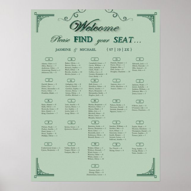 Póster Gráfico de Asientos de Boda Verde Eucalipto Chic S (Frente)