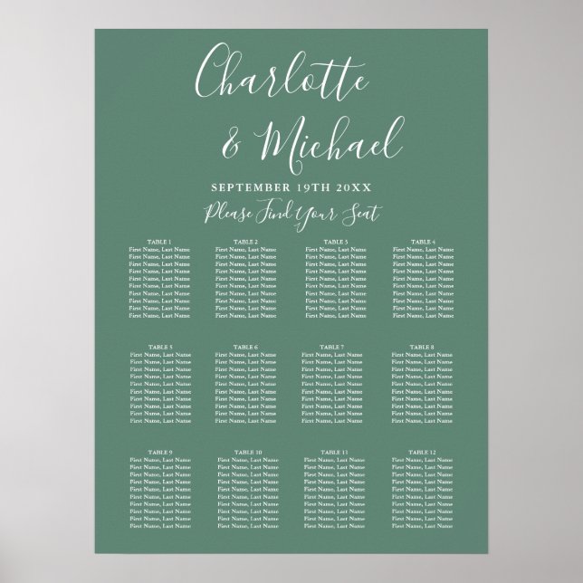Póster Gráfico de Asientos de Boda Verde Eucalipto Modern (Frente)
